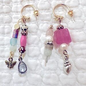 Handcrafted asymmetrical charm earrings w/sea-green and polka-dot accents❣️